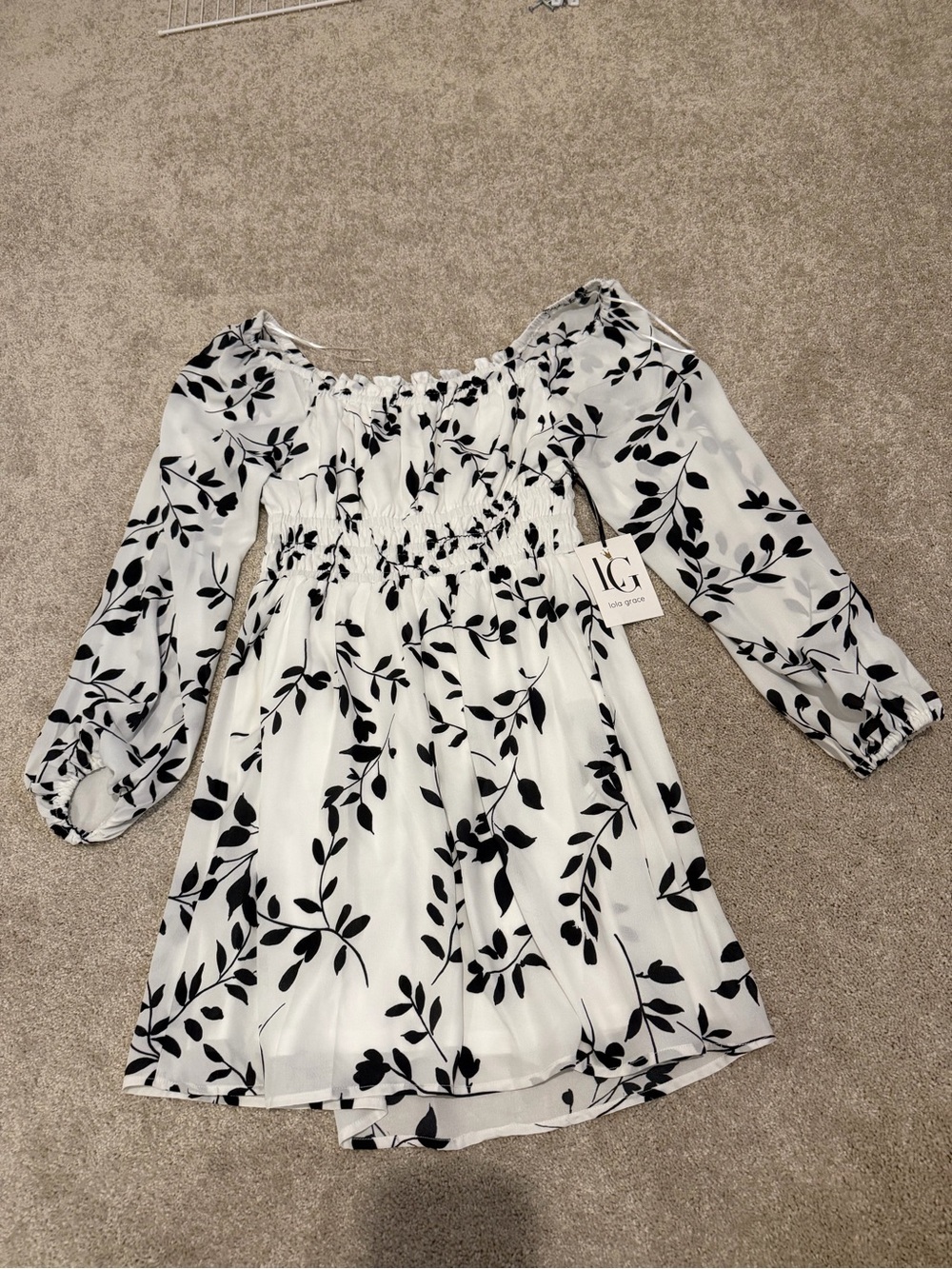 White and Black Floral Smocked Waist Girls' Dress